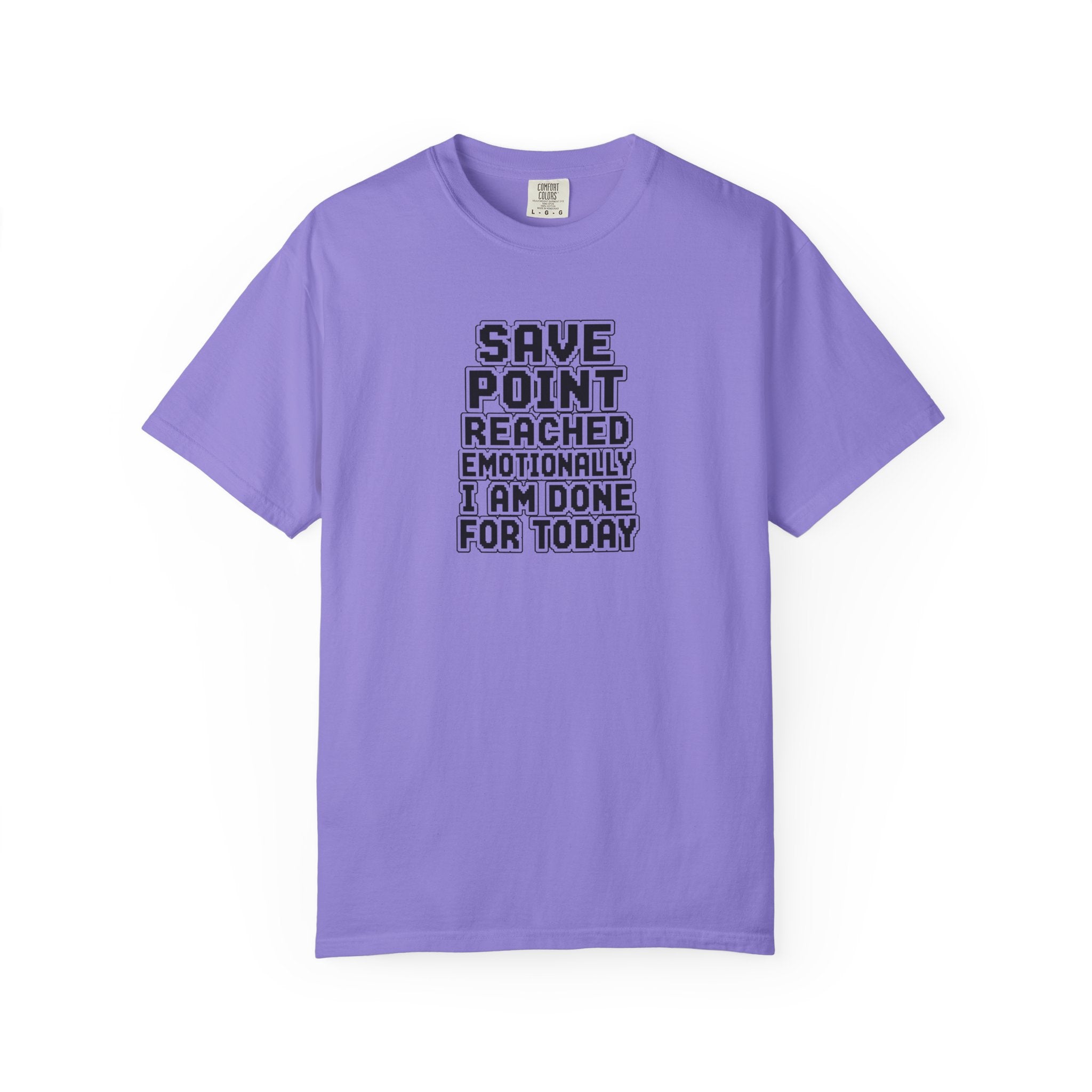 A lavender purple short-sleeve t-shirt with a black text graphic on the chest that reads 'SAVE POINT REACHED EMOTIONALLY I AM DONE FOR TODAY'. The t-shirt is displayed flat against a clean white background.