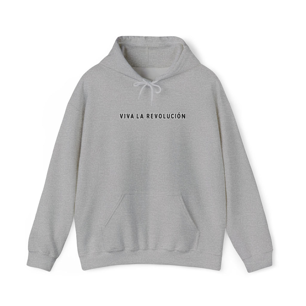 A grey pullover hoodie with a front kangaroo pocket and a blue printed text graphic reading' Viva La Revolucion  'on the chest, displayed against a clean white background.