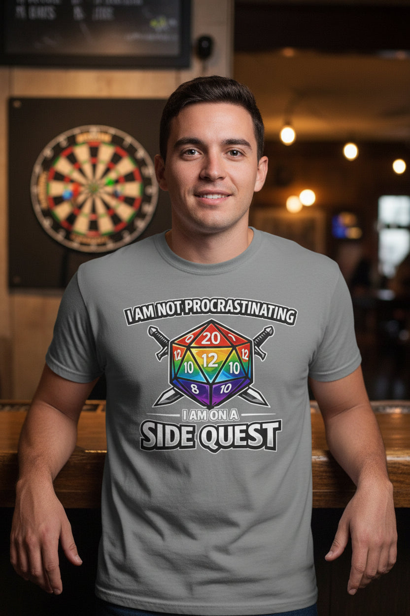 Nerd Humor Gaming I Am Not Procrastinating Side Quest | Rainbow D20 Dice RPG Tee Comfort Colors tee - Mutantur Labs LLC