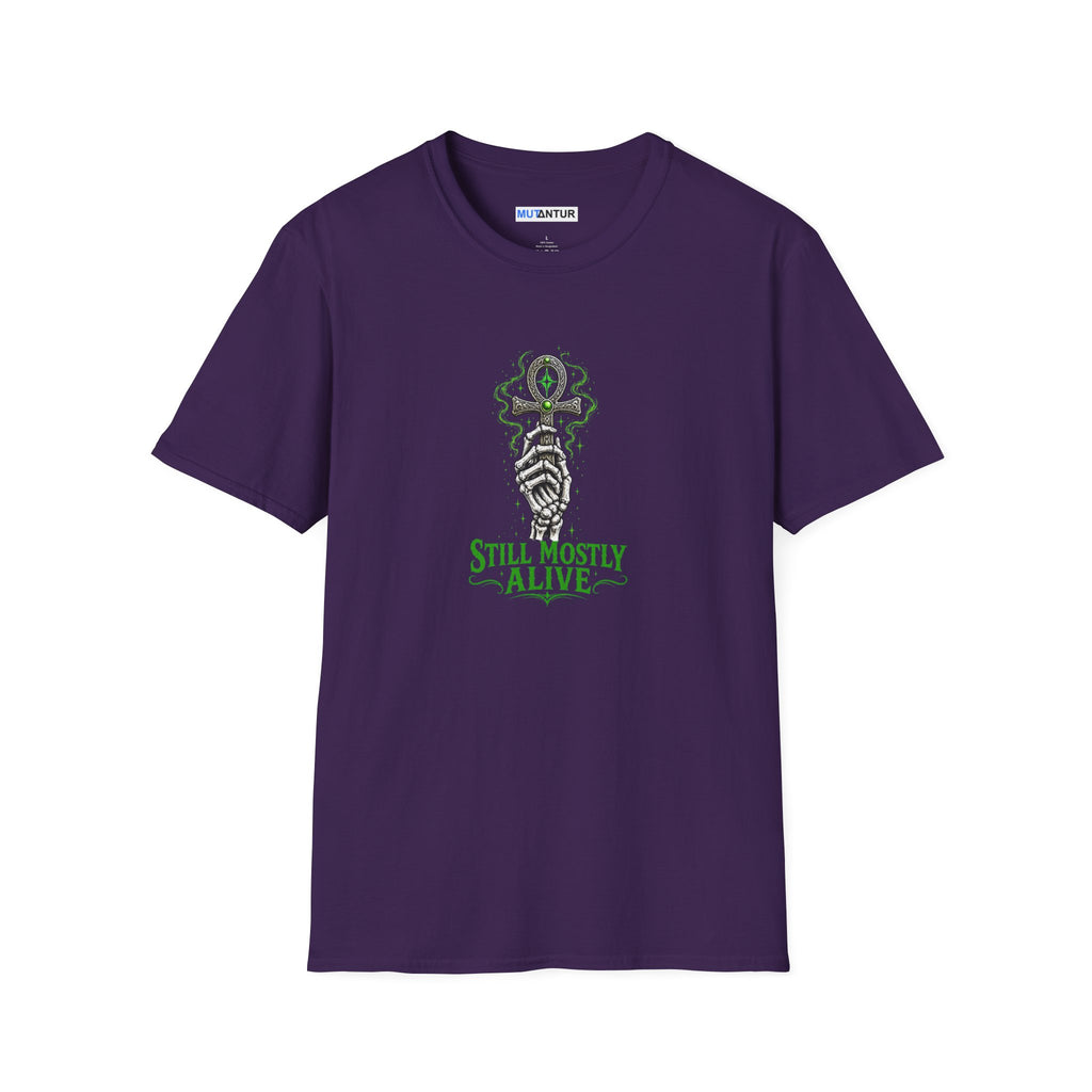 Purple shirt with skeleton hand holding an Ankh with the words Still Mostly alive
