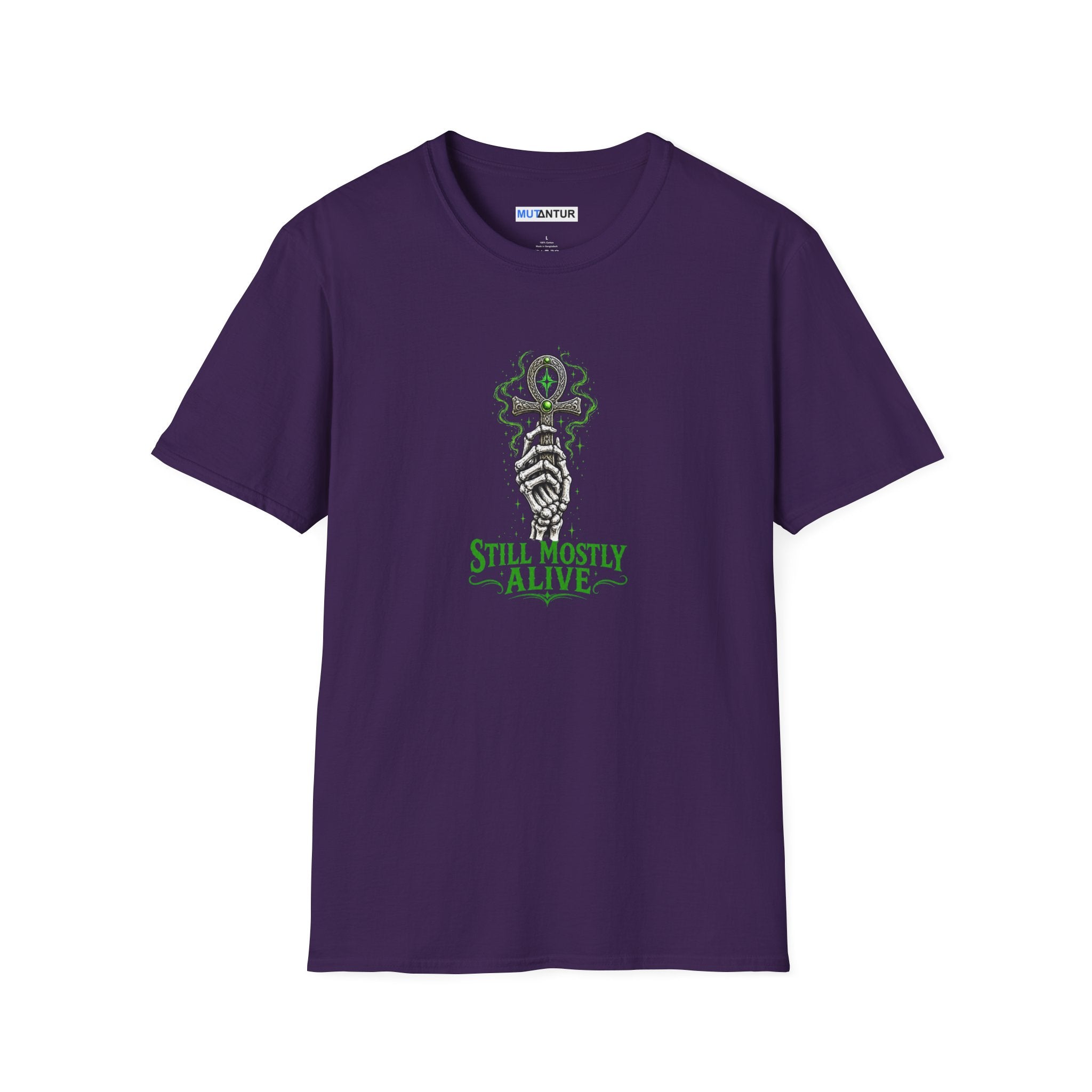 Purple shirt with skeleton hand holding an Ankh with the words Still Mostly alive