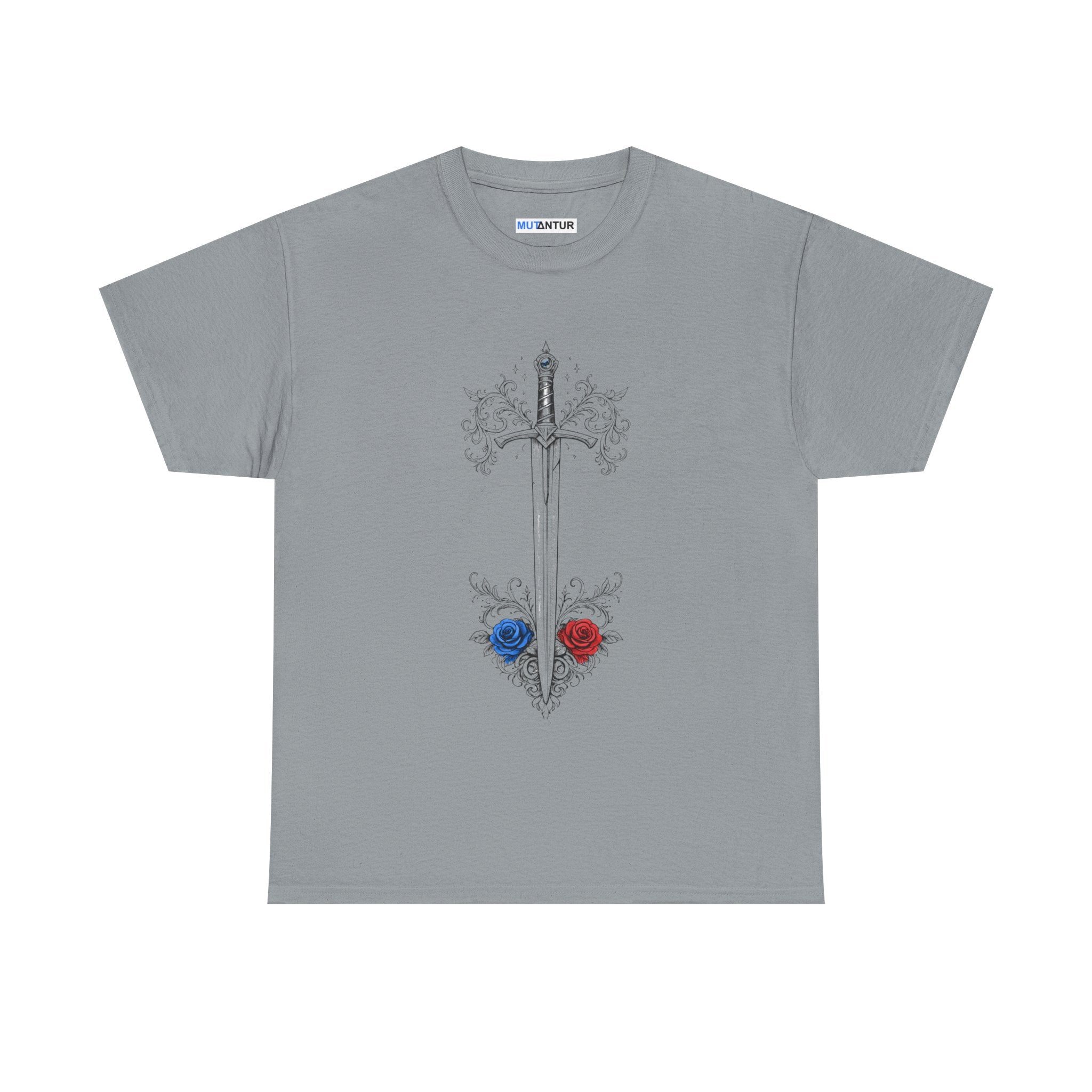 Sword and Roses Graphic Tee — Gothic Floral Sword T‑Shirt (Red & Blue Roses) - Mutantur Labs LLC