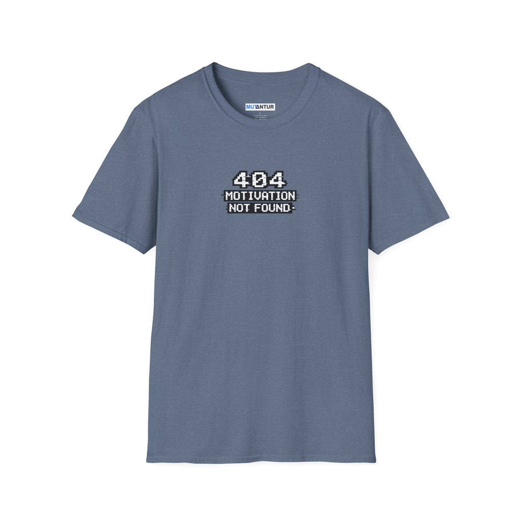 A slate blue crewneck t-shirt with a black graphic on the chest that reads '404 MOTION TUNATION NOT FOUND'. The shirt is displayed flat against a solid white background.