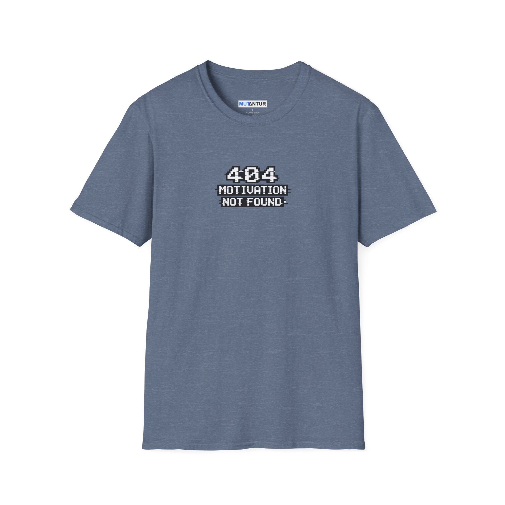 A slate blue crewneck t-shirt with a black graphic on the chest that reads '404 MOTION TUNATION NOT FOUND'. The shirt is displayed flat against a solid white background.