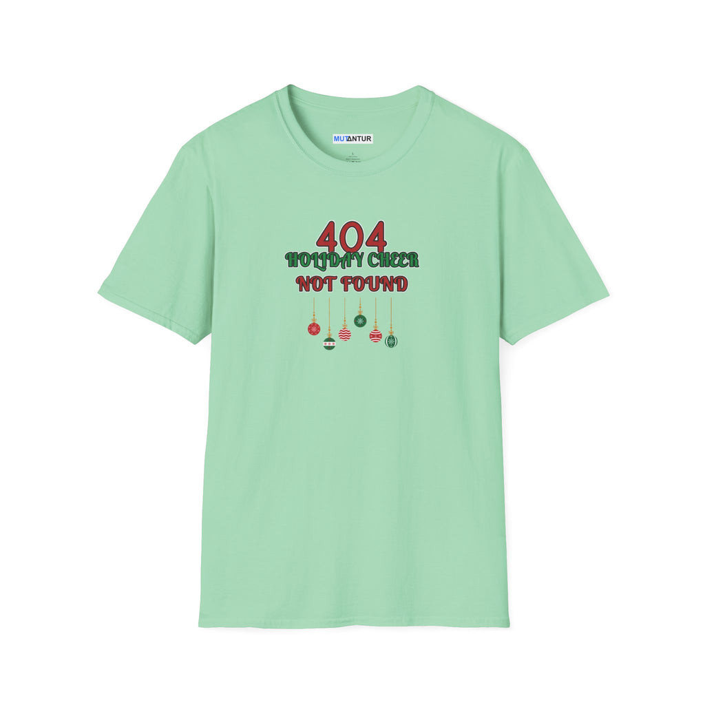 A mint green crewneck t-shirt with a holiday-themed graphic on the chest that reads '404 HOLIDAY CHEER NOT FOUND' in red and dark green text with hanging ornaments.