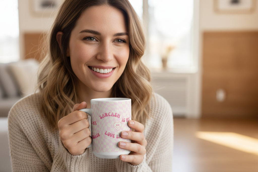 Sarcasm Is My Love Language 15oz Mug — Pink Retro Checkerboard Coffee Cup - Mutantur Labs LLC
