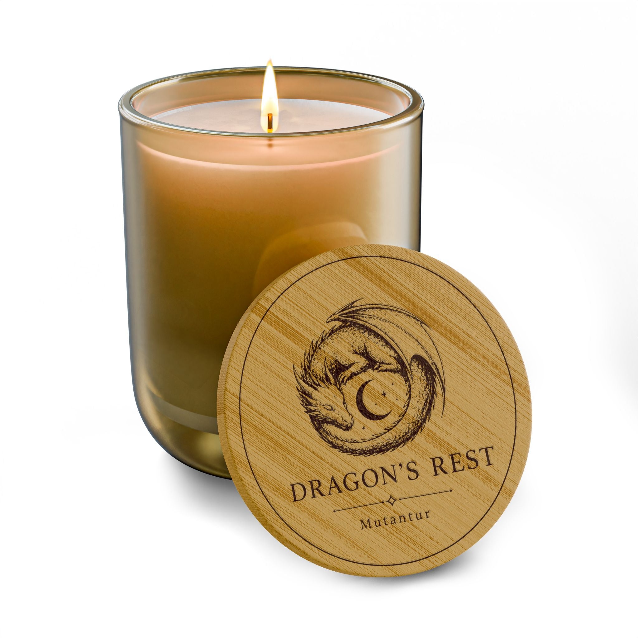 Dragon's Rest Emblem Soy Candle — 14oz Scented Candle with Engraved Bamboo Lid - Mutantur Labs LLC