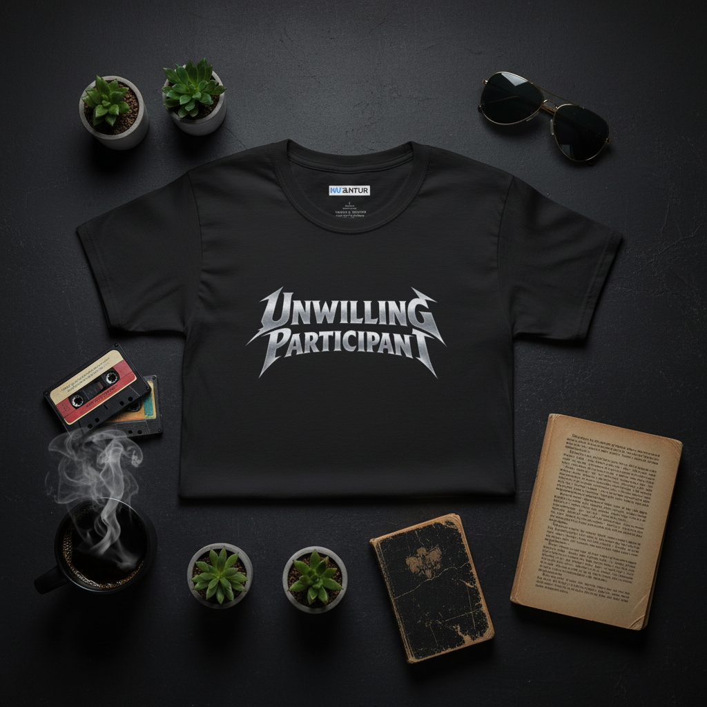 Unwilling Participant moody gothic lettering tee, front view