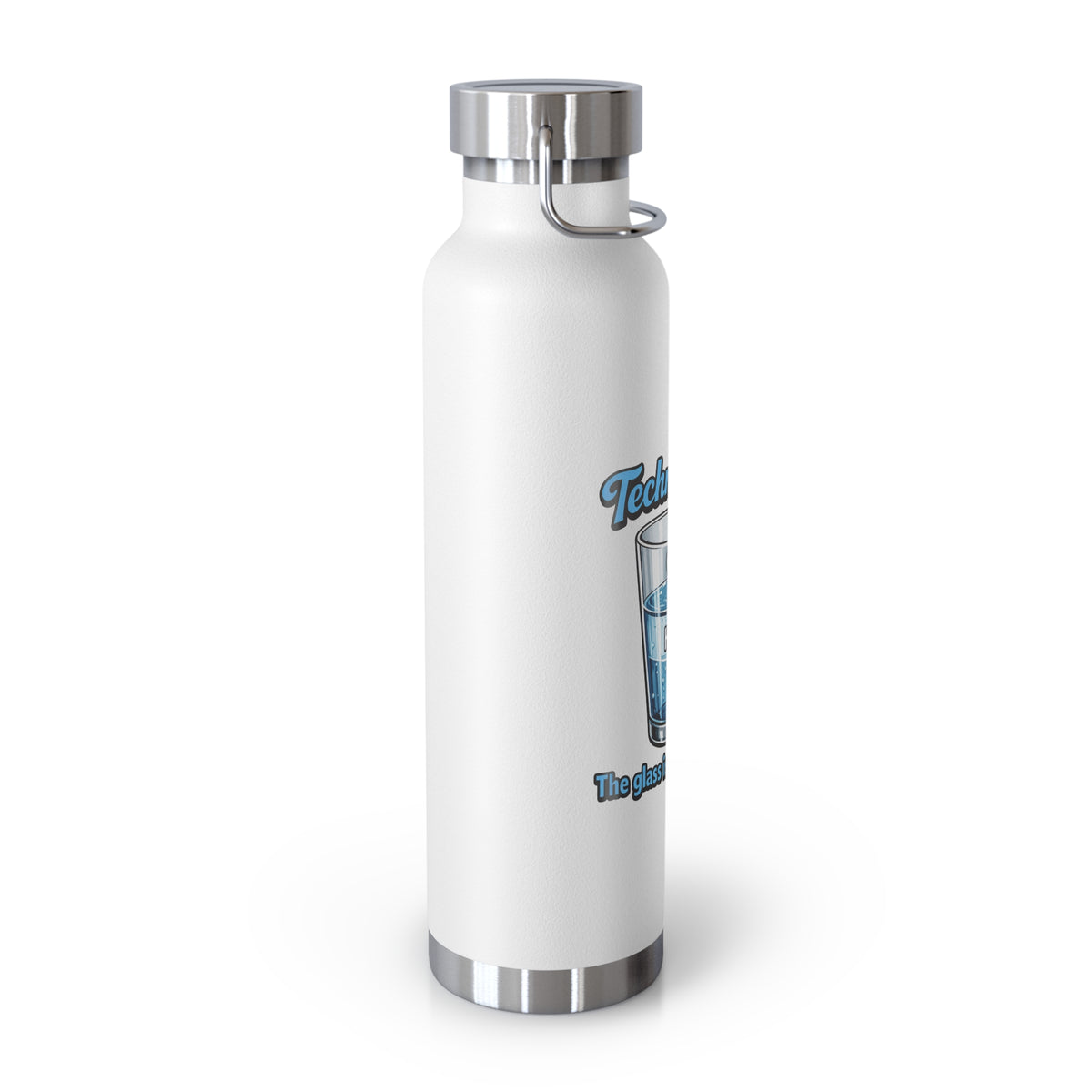 A white insulated water bottle with a silver metal cap and base, featuring a blue graphic of a glass of water and stylized text on the front, set against a plain white background.