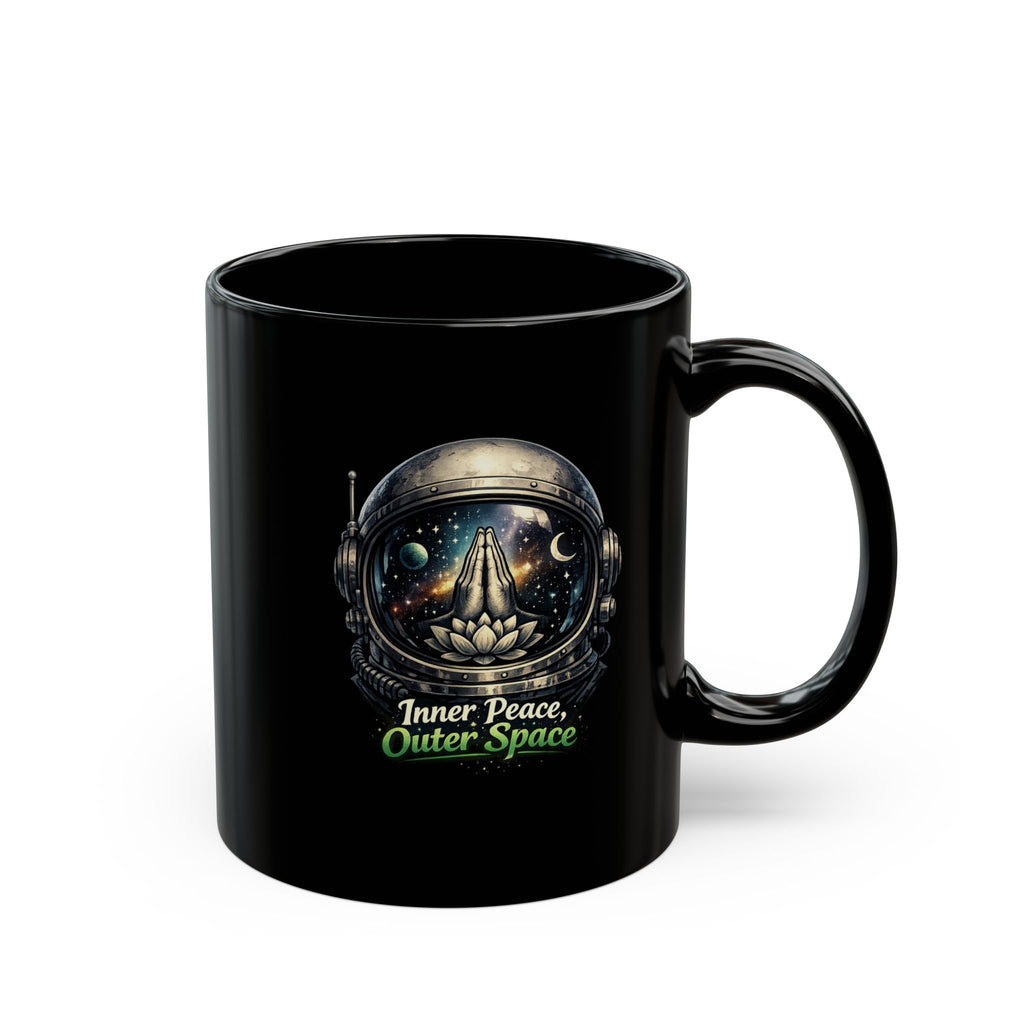 Inner Peace, Outer Space Black Mug — Astronaut Helmet Lotus Coffee Cup 11oz