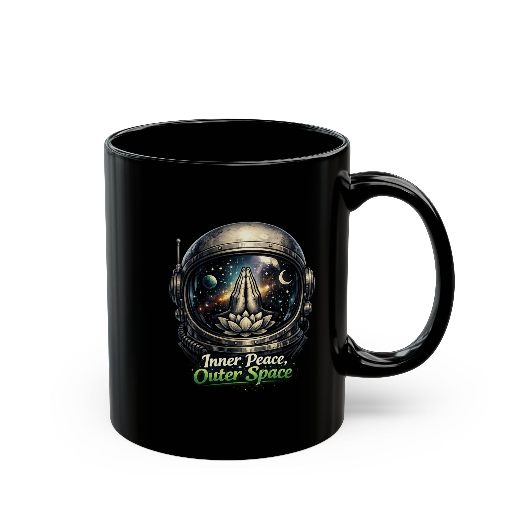 Inner Peace, Outer Space Black Mug — Astronaut Helmet Lotus Coffee Cup 11oz