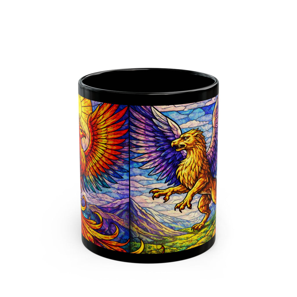 Stained Glass style Gryphon & Phoenix Mug — 11oz Black Ceramic, Mythical Winged Creature Coffee Cup - Mutantur Labs LLC