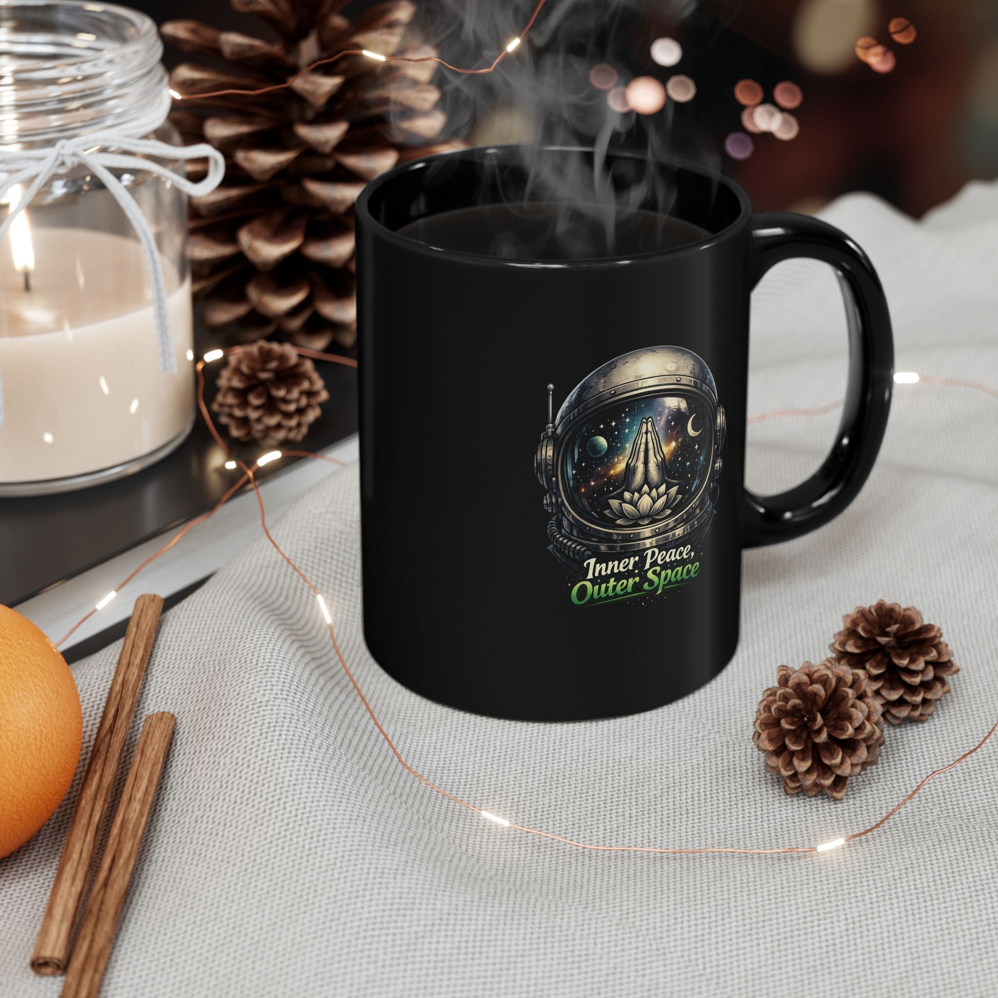 Inner Peace, Outer Space Black Mug — Astronaut Helmet Lotus Coffee Cup 11oz