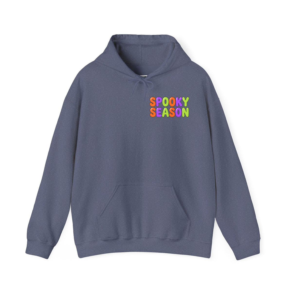 A blue pullover hoodie with a colorful graphic on the chest that reads 'SPOOKY SEASON' in a rainbow gradient font, displayed against a solid white background.