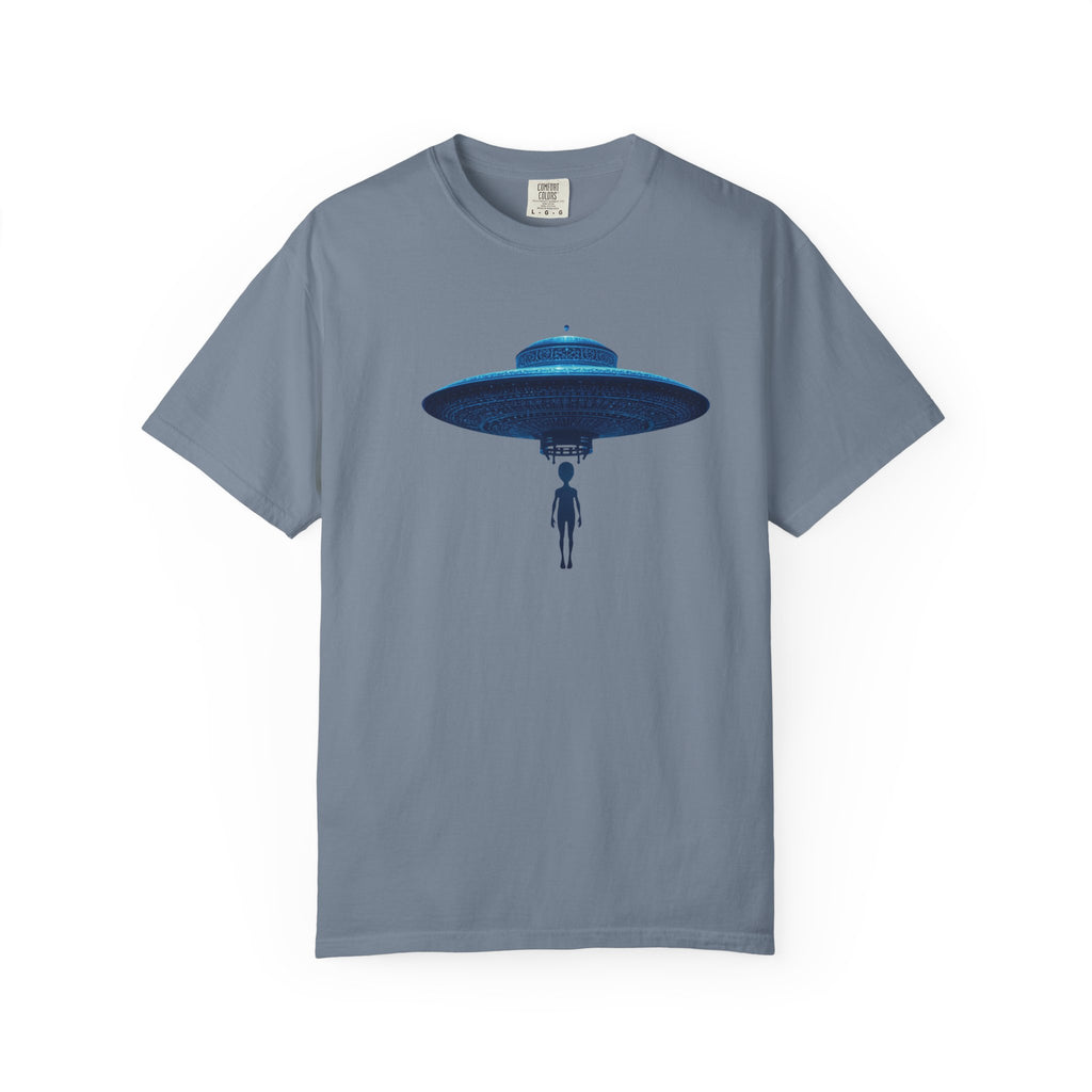 UFO Abduction T-shirt | Minimal Alien Spaceship blue chinoiserie Graphic - Mutantur Labs LLC