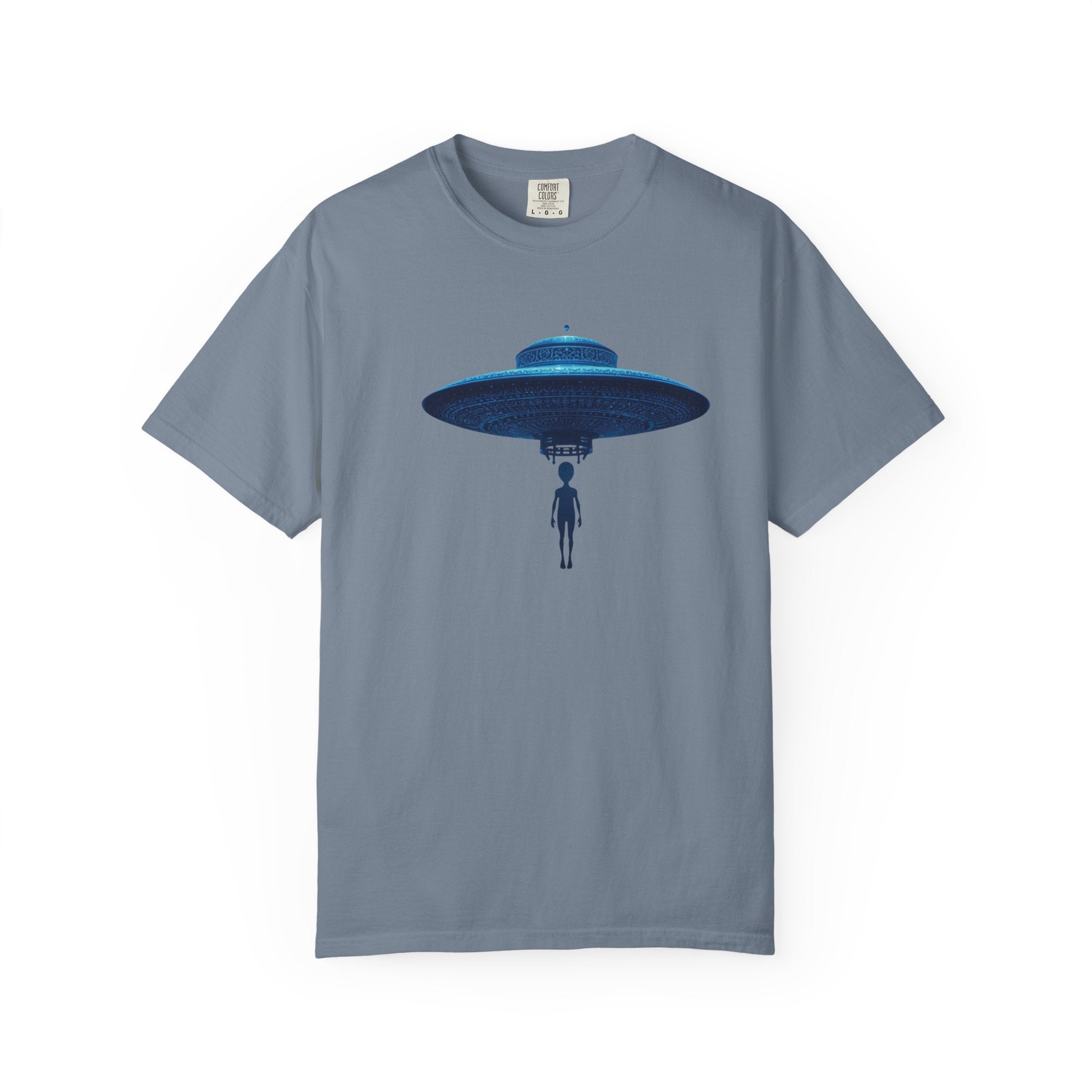 UFO Abduction T-shirt | Minimal Alien Spaceship blue chinoiserie Graphic - Mutantur Labs LLC