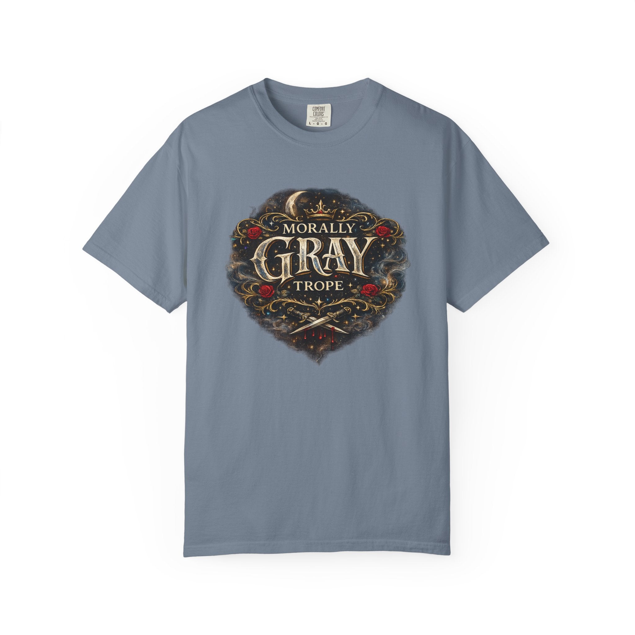 Morally Gray Trope Comfort Colors gothic fantasy graphic tee, flat lay