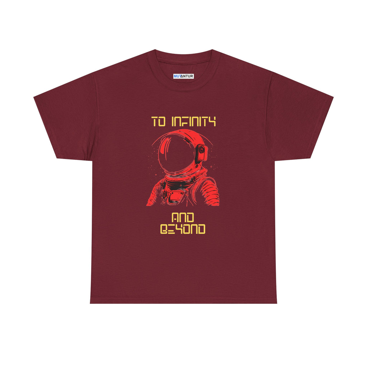 To Infinity and Beyond retro astronaut graphic tee in maroon, front view flat mockup