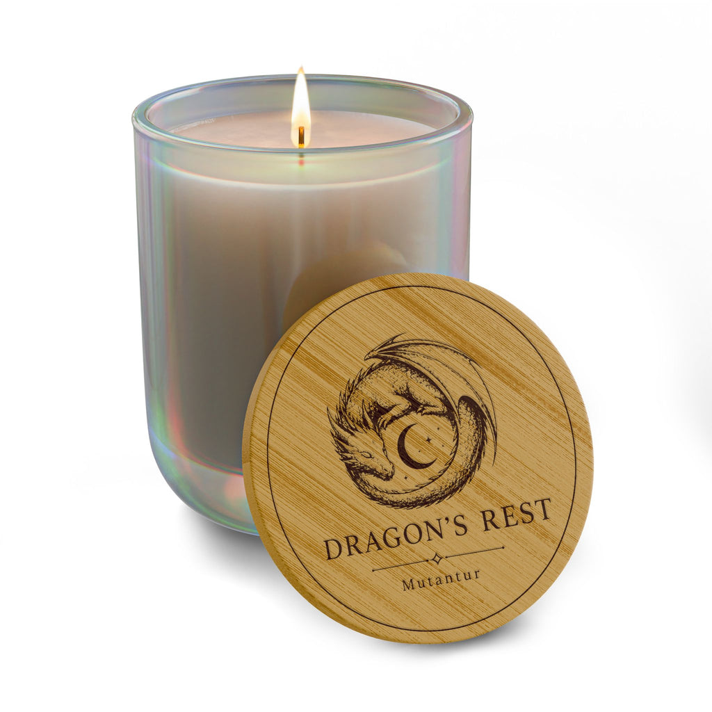 Dragon's Rest Emblem Soy Candle — 14oz Scented Candle with Engraved Bamboo Lid - Mutantur Labs LLC
