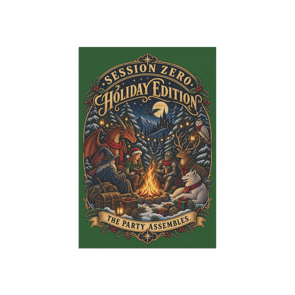 A rectangular illustrated cover design on a white background, featuring a dark green border and an ornate fantasy holiday scene with a campfire, mountains, moon, and text reading 'Session Zero Holiday Edition' and 'The Party Assembles.'.