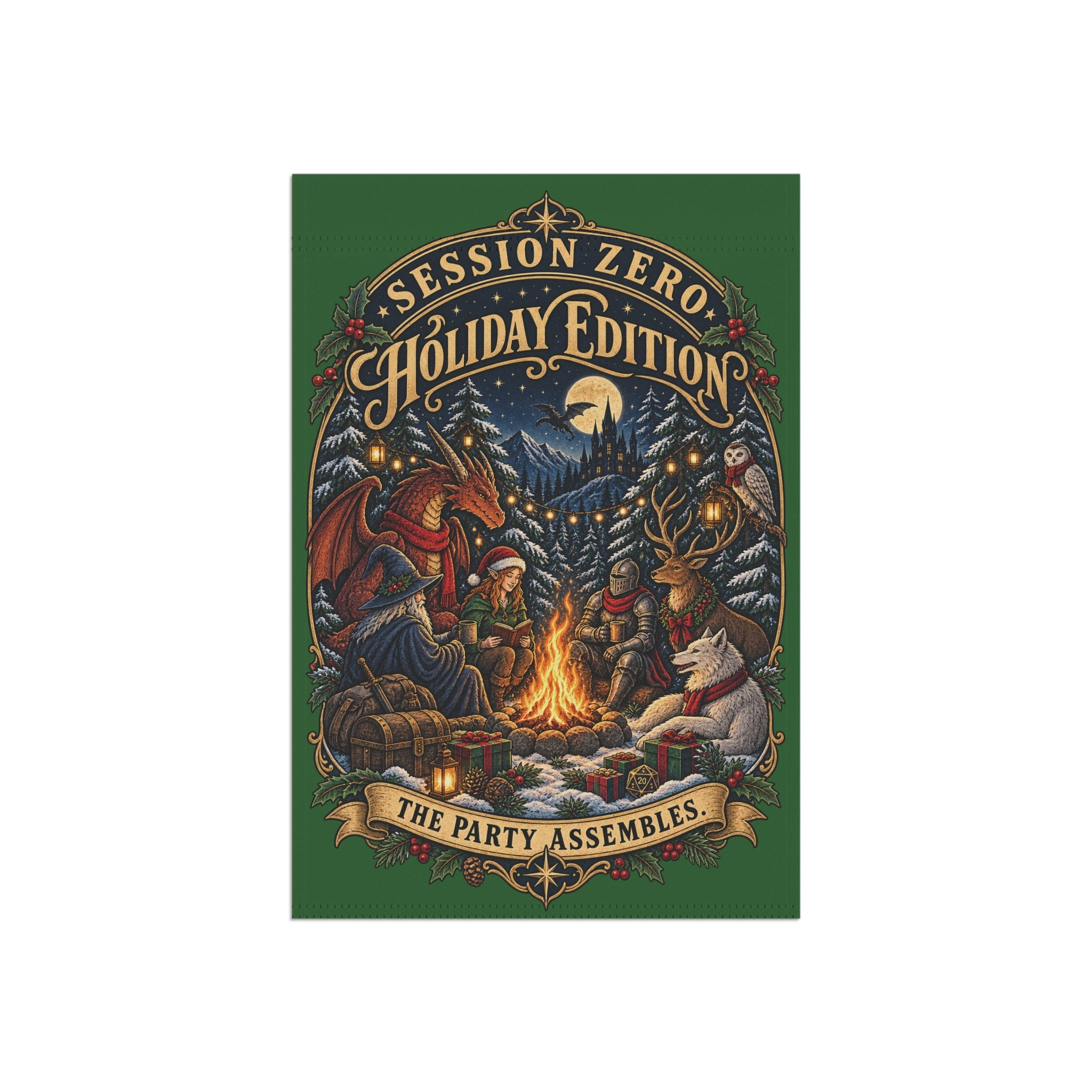 A rectangular illustrated cover design on a white background, featuring a dark green border and an ornate fantasy holiday scene with a campfire, mountains, moon, and text reading 'Session Zero Holiday Edition' and 'The Party Assembles.'.