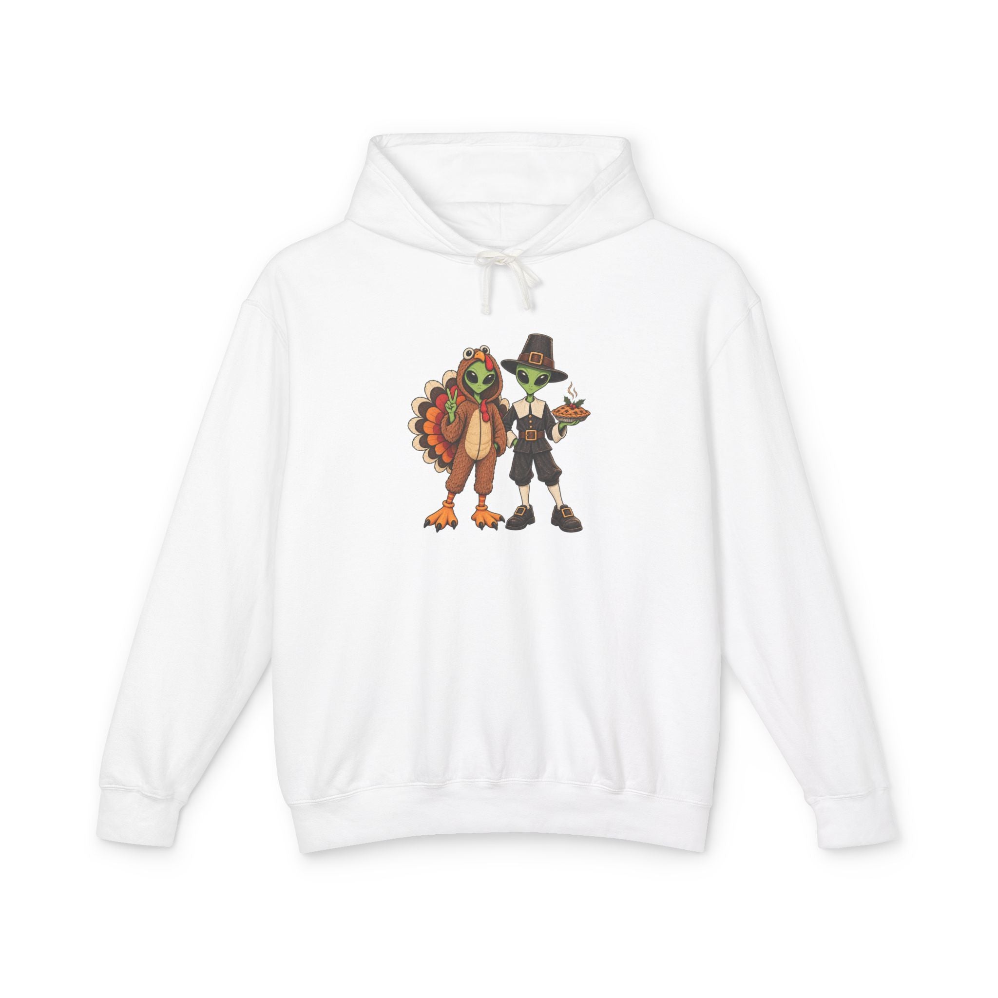 An white hooded sweatshirt with a central graphic of  cartoon aliens dressed as a  turkey and a pilgrim figure, displayed on a clean white background.