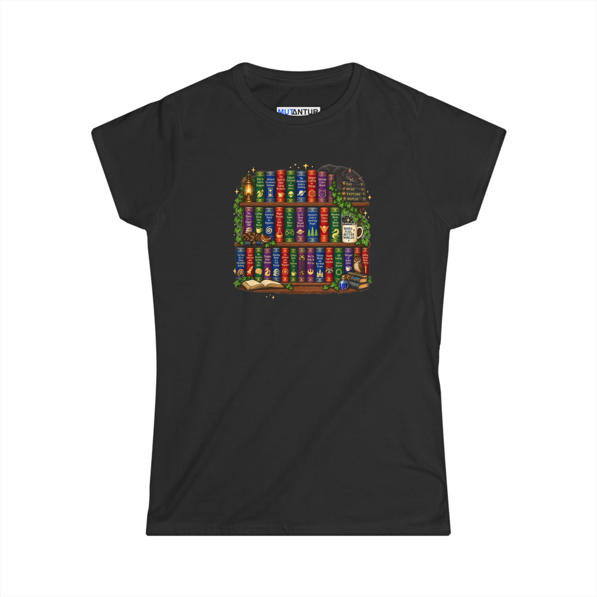 A black short-sleeve crewneck t-shirt featuring a colorful graphic print of a bookshelf filled with books on the front, displayed against a solid white background.