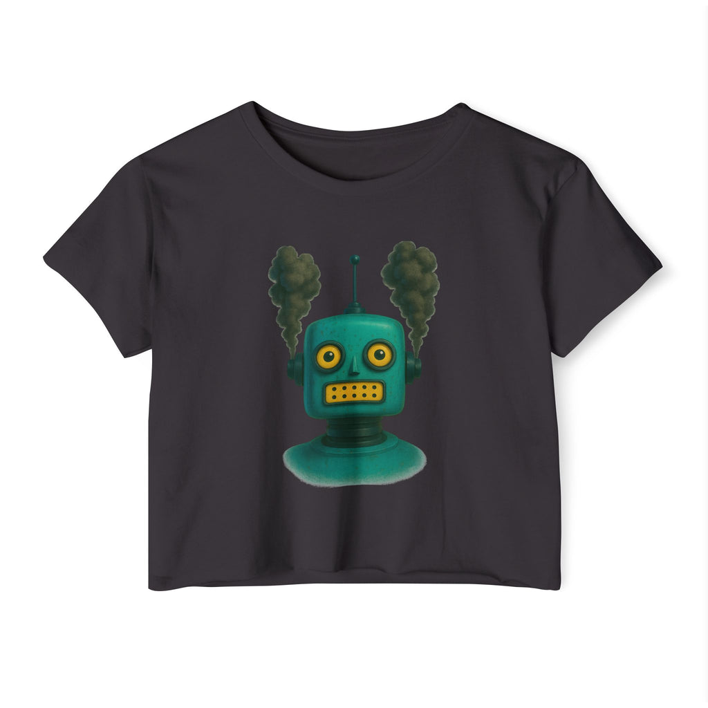 Retro Steampunk Robot Crop Top – Green Sci-Fi Graphic Top - Mutantur Labs LLC