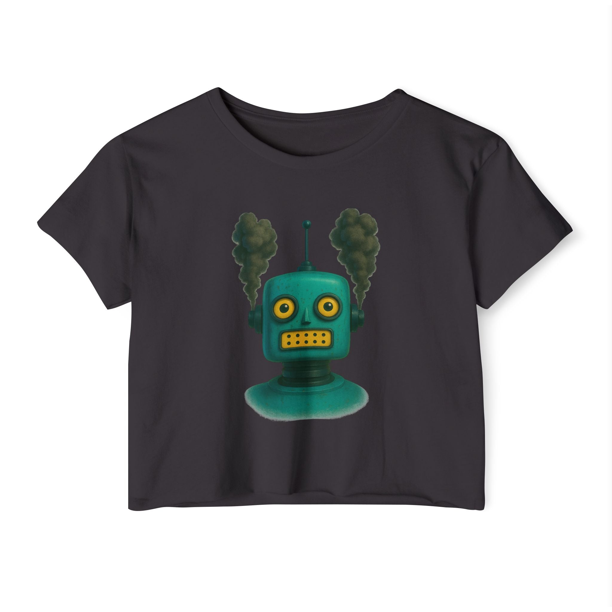 Retro Steampunk Robot Crop Top – Green Sci-Fi Graphic Top - Mutantur Labs LLC
