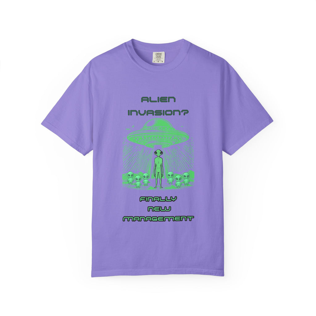 Alien Invasion Finally New Management UFO graphic tee in lavender, front view
