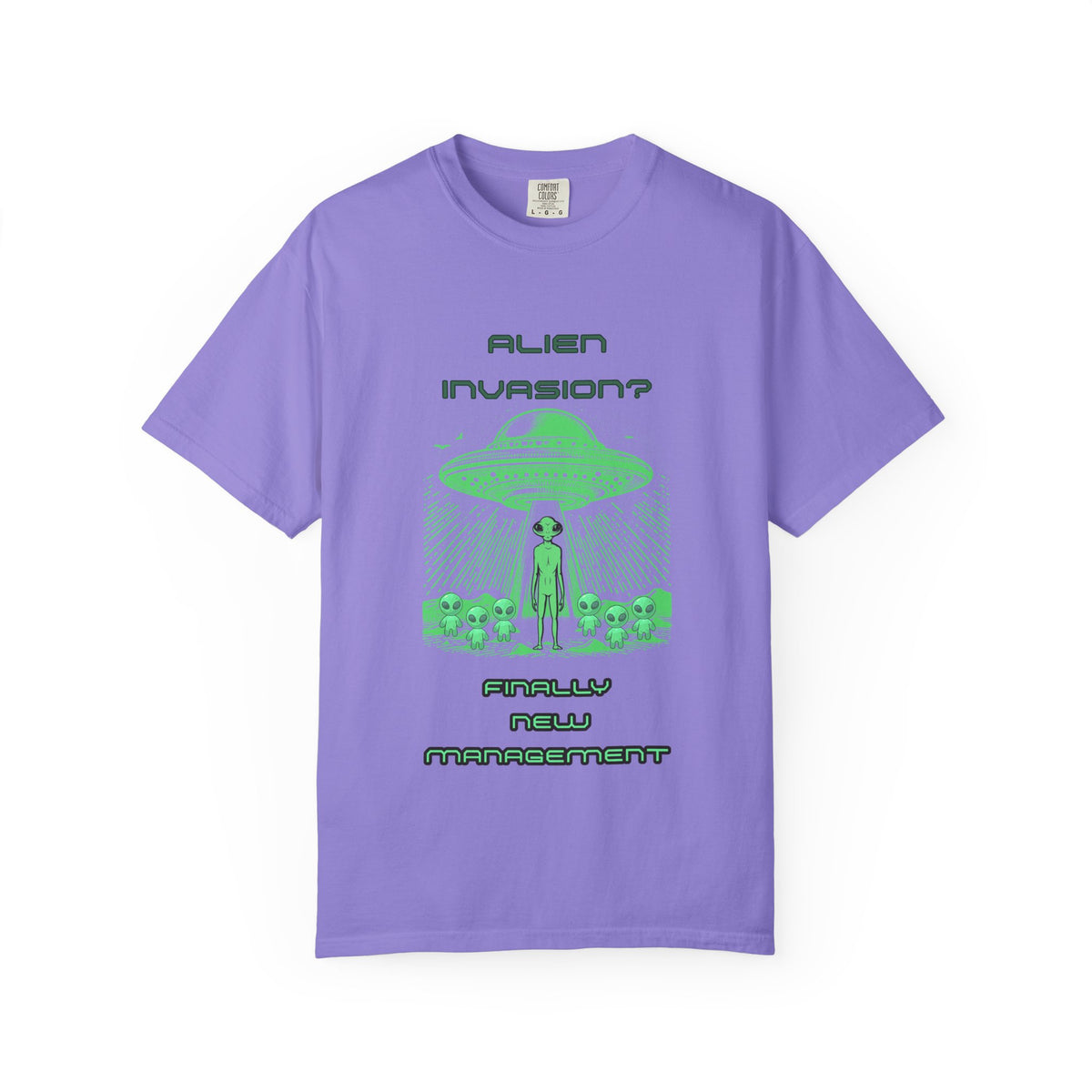 Alien Invasion Finally New Management UFO graphic tee in lavender, front view