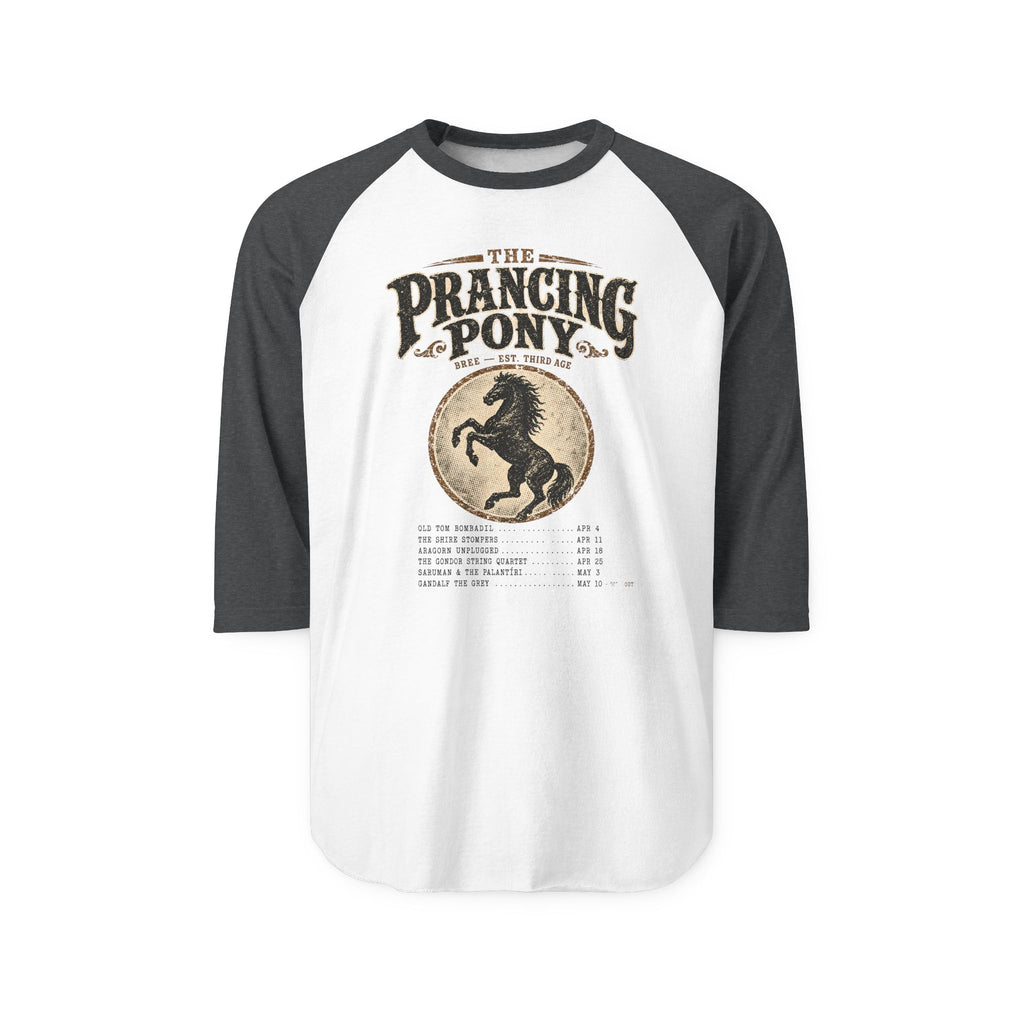 black sleeved Baseball shirt with 'The Prancing Pony' design on a white background