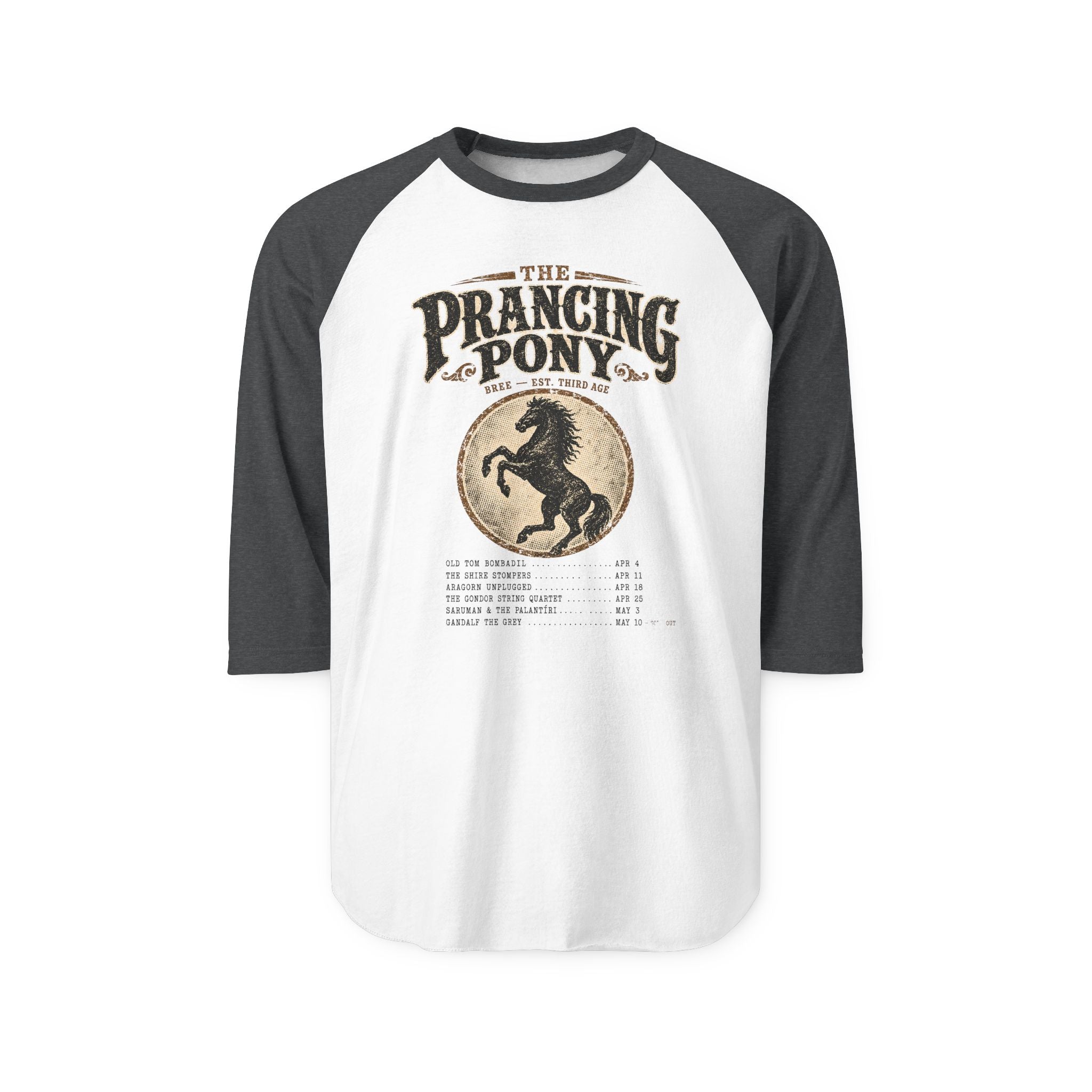 black sleeved Baseball shirt with 'The Prancing Pony' design on a white background