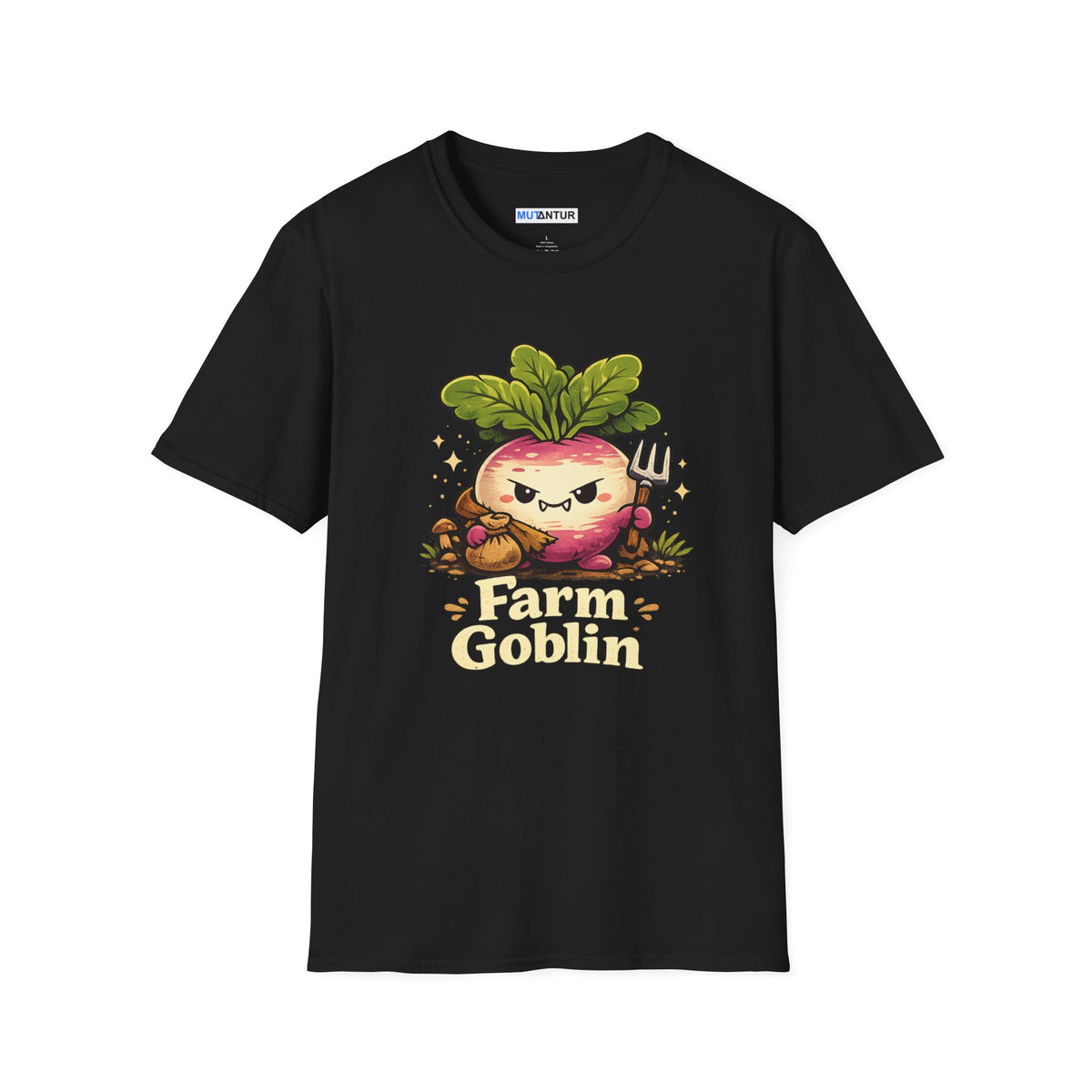 Grumpy Turnip Farm Goblin graphic tee in black, front view flat mockup