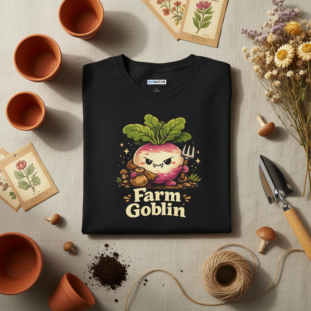 Grumpy Turnip Farm Goblin graphic tee in black, folded flat lay styled with terracotta pots, dried flowers, mushrooms, seed packets, and a garden trowel