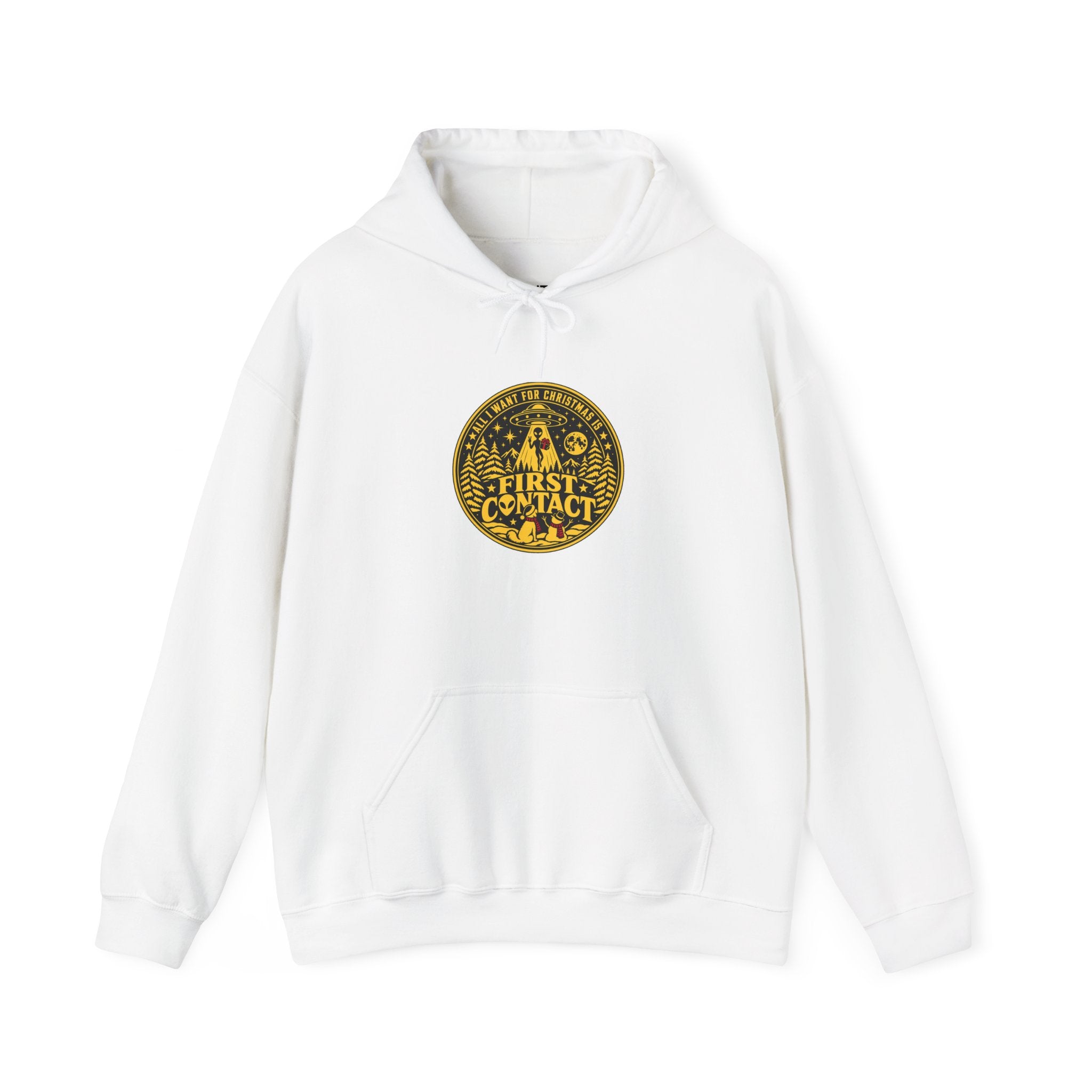 A white hoodie with  a gold and black circular badge depicting  a dog and a snow man looking up at an alien rising up into a UFO at Christmas, The hoodie is displayed against a white background