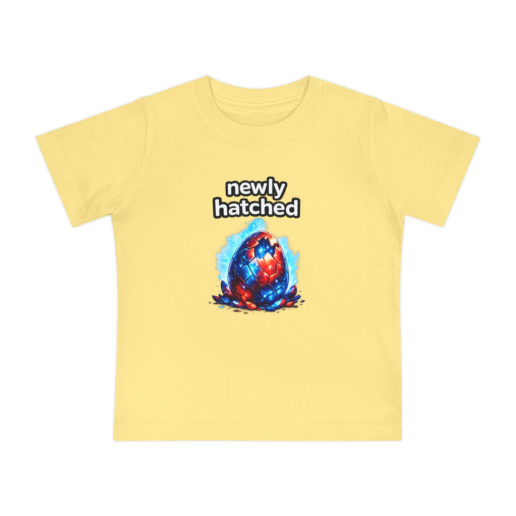 Yellow t-shirt with 'newly hatched' graphic and text on a white background