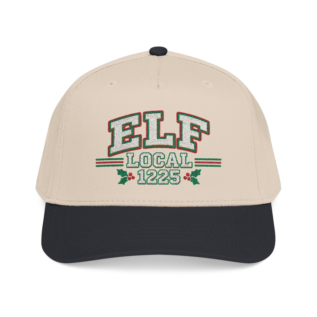 A structured baseball cap with a cream-colored crown and a dark forest green visor. The front of the crown features a custom embroidered design reading 'ELF LOCAL 1225' in green and white with red outlines, flanked by small holly leaves.