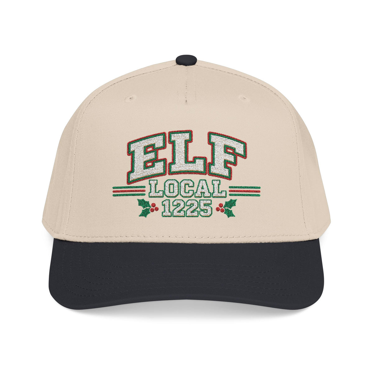 A structured baseball cap with a cream-colored crown and a dark forest green visor. The front of the crown features a custom embroidered design reading 'ELF LOCAL 1225' in green and white with red outlines, flanked by small holly leaves.