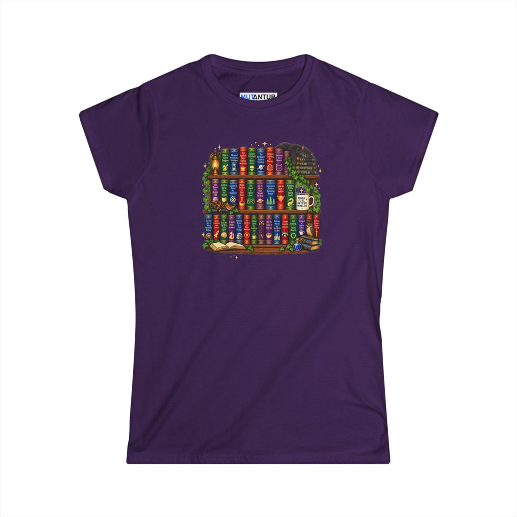A purple short-sleeve crewneck t-shirt featuring a colorful graphic print of a bookshelf filled with books on the front, displayed against a solid white background.