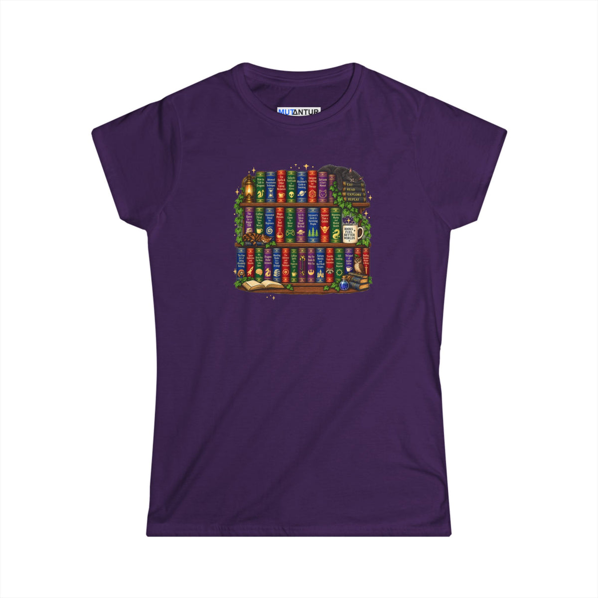 A purple short-sleeve crewneck t-shirt featuring a colorful graphic print of a bookshelf filled with books on the front, displayed against a solid white background.