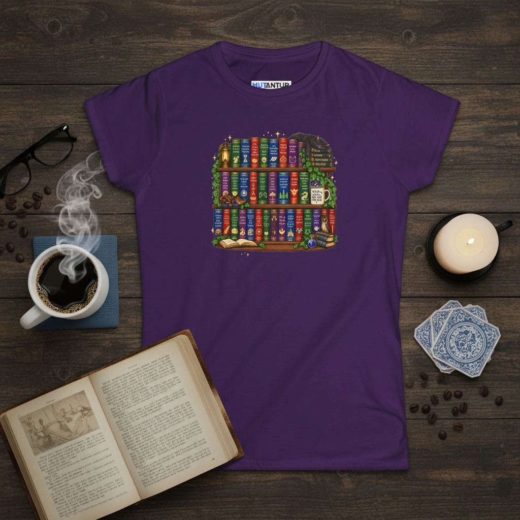 A purple short-sleeve graphic T-shirt laid flat on a dark wood surface, surrounded by coffee, an open book, glasses, a candle, and playing cards. The shirt features a colorful bookshelf graphic with books, shelves, and a mug.