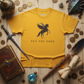 Pegasus silhouette Fly You Fool mythical horse tee, flat lay