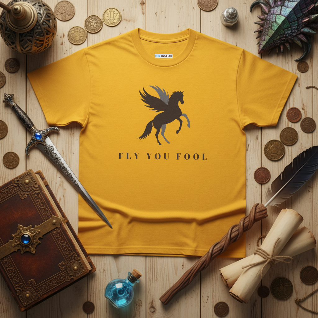 Pegasus silhouette Fly You Fool mythical horse tee, flat lay