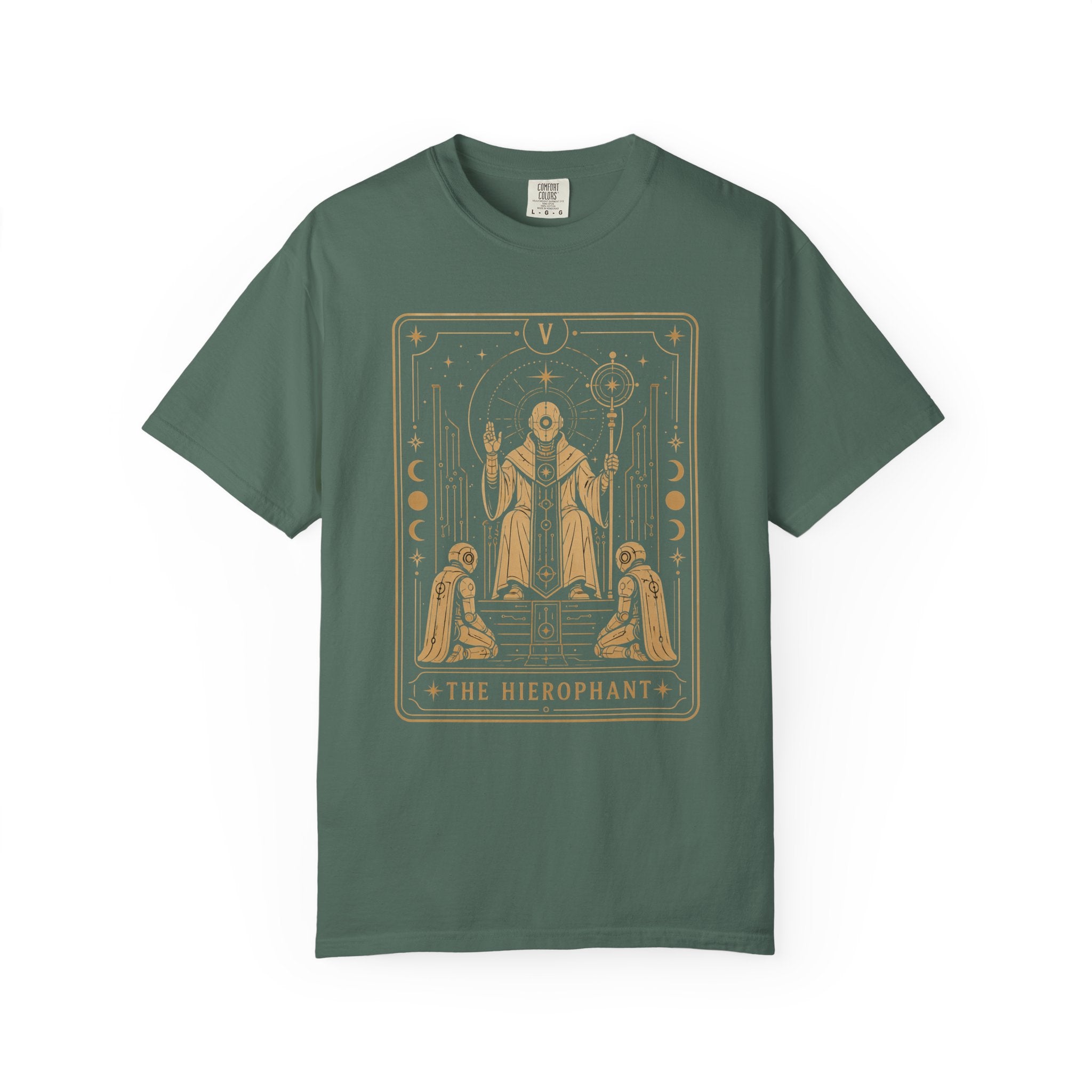 A green Comfort Colors t-shirt featuring The Hierophant from the Future Arcana collection, inspired by The Hierophant tarot card. A futuristic cosmic scholar is framed by celestial Art Deco details in elegant gold line art on a transparent background.