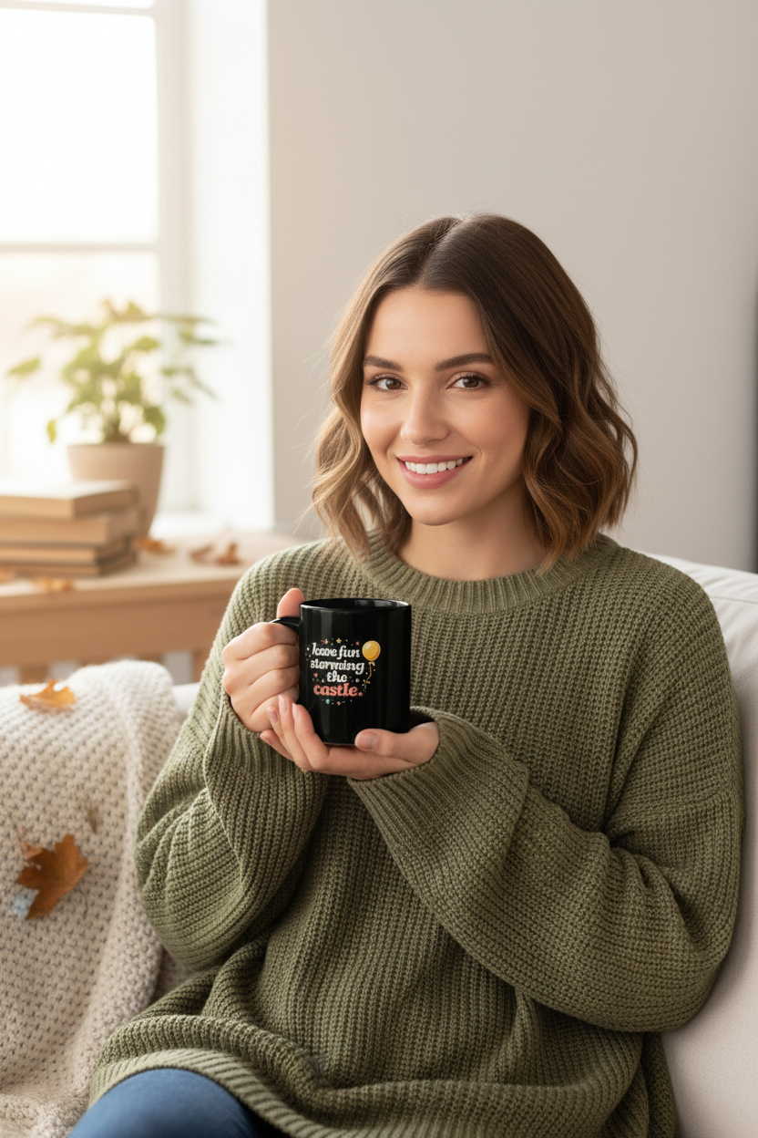 Have Fun Storming the Castle Black Mug – Funny Movie Quote Coffee Cup - Mutantur Labs LLC