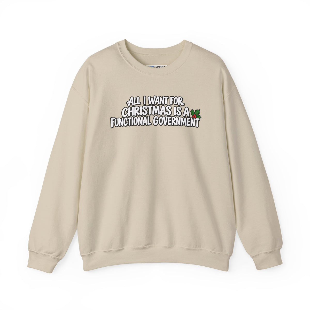 A light beige crewneck sweatshirt with a graphic text print on the chest that reads 'ALL I WANT FOR CHRISTMAS IS A FUNCTIONAL GOVERNMENT' in white letters with a black outline, accompanied by a small green holly graphic.