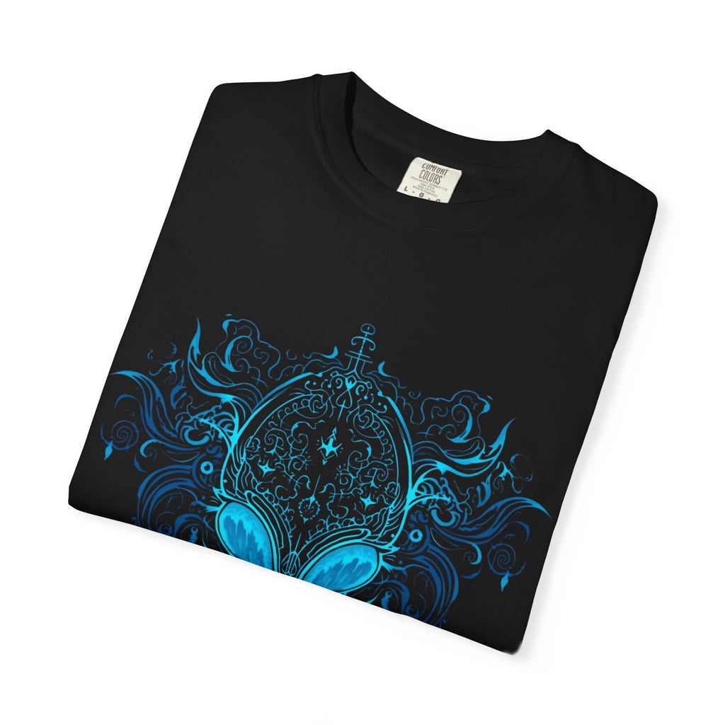 Ornate Blue Alien Mask T-Shirt | Chinoiserie Mystical Graphic Tee - Mutantur Labs LLC