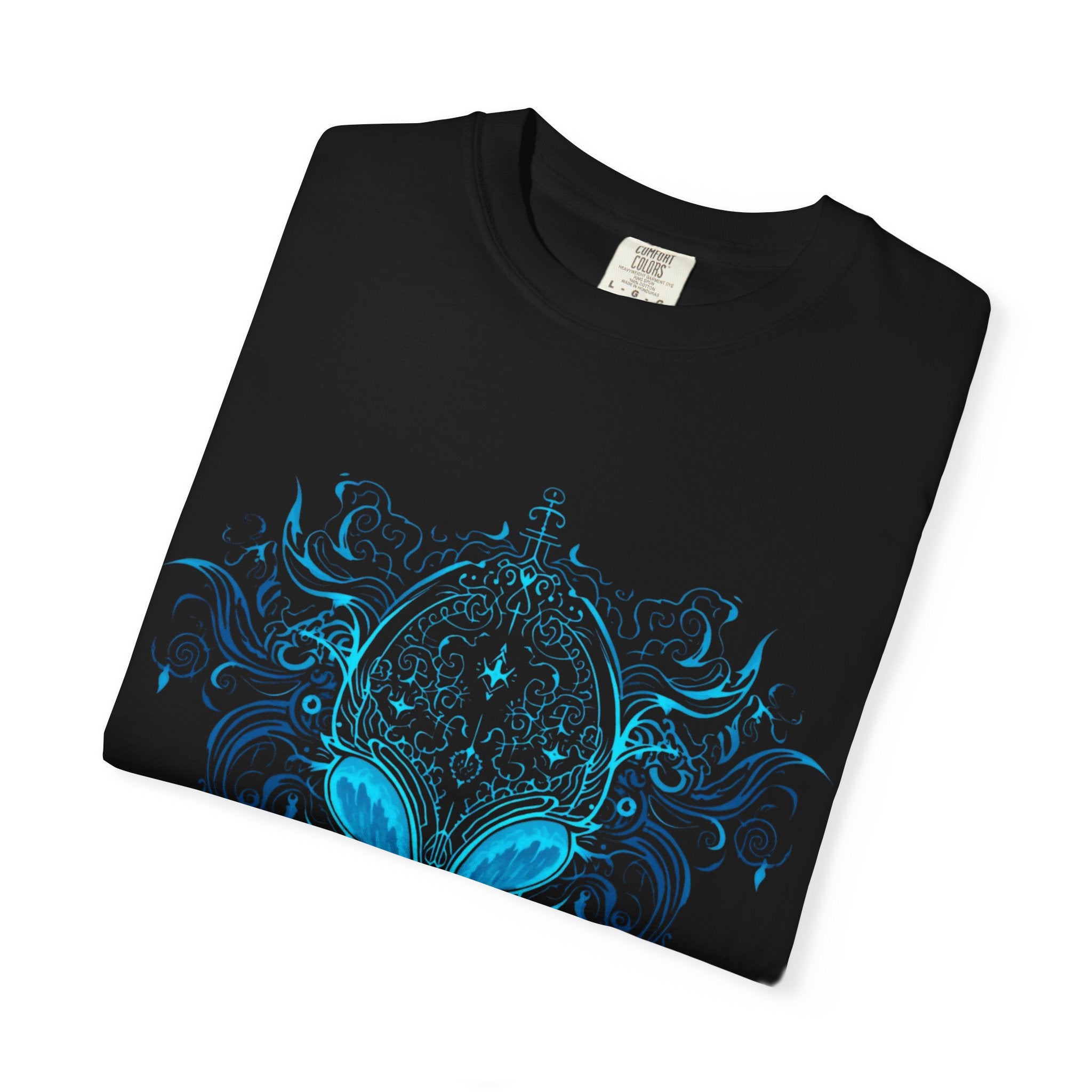 Ornate Blue Alien Mask T-Shirt | Chinoiserie Mystical Graphic Tee - Mutantur Labs LLC
