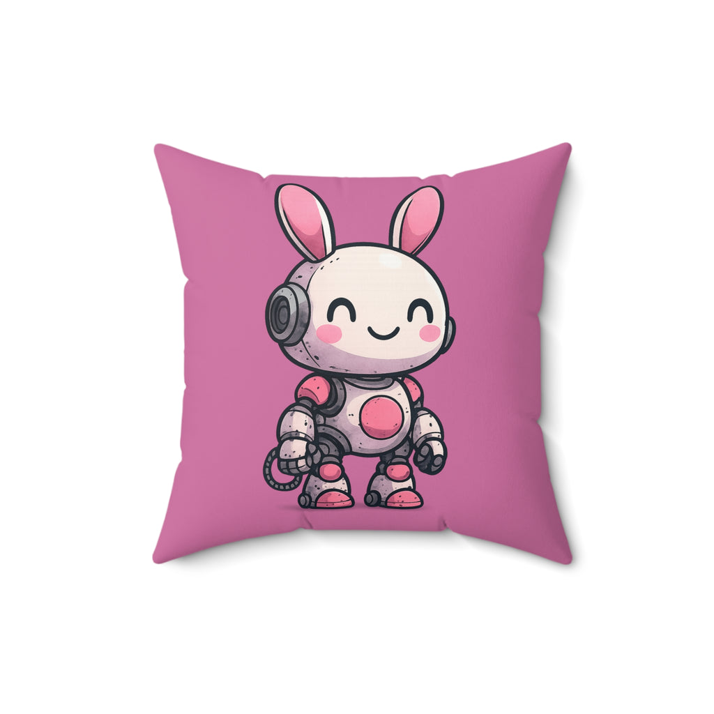 Happy Pink Robot Pillow – Whimsical Robot Bunny Square Throw Pillow